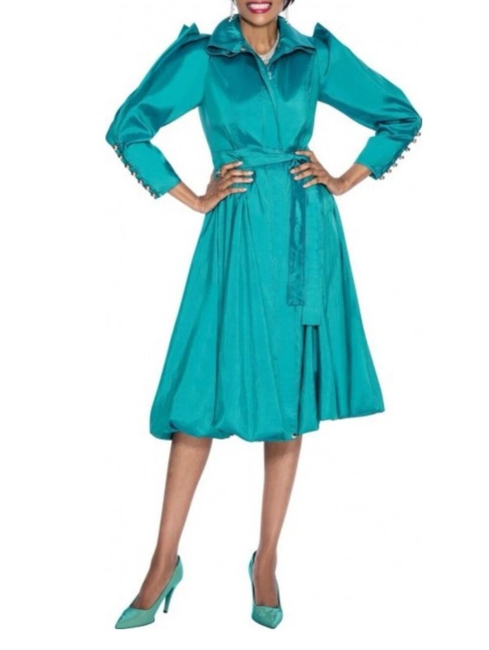 Sz 18 Terramina 7551 Iridescent Turquoise/Teal Dress Coat w Silver Buttons